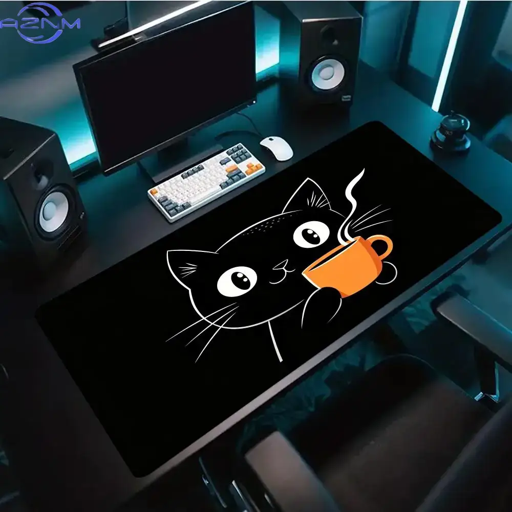 Desk Setup Pc And Laptop - Cute Line Art Cat Hold Coffee