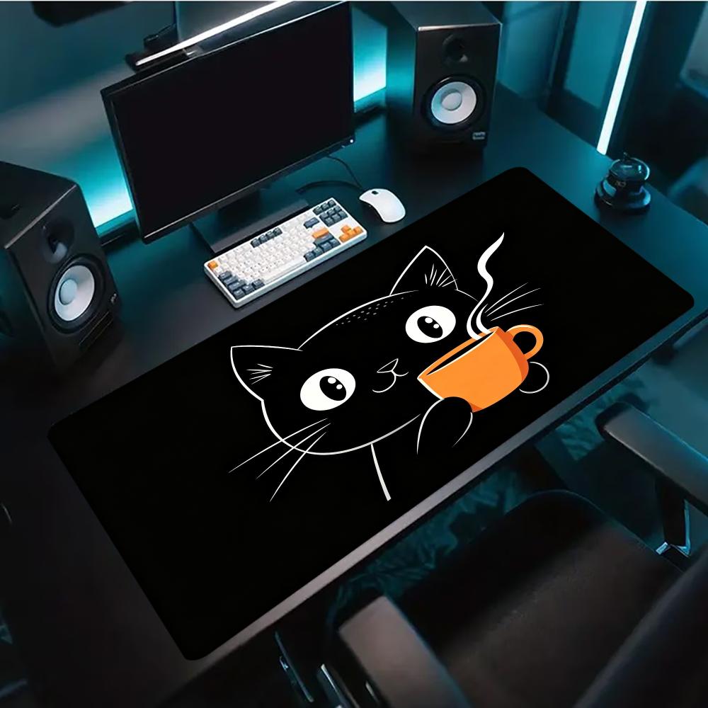 Desk Setup Pc And Laptop - Cute Line Art Cat Hold Coffee